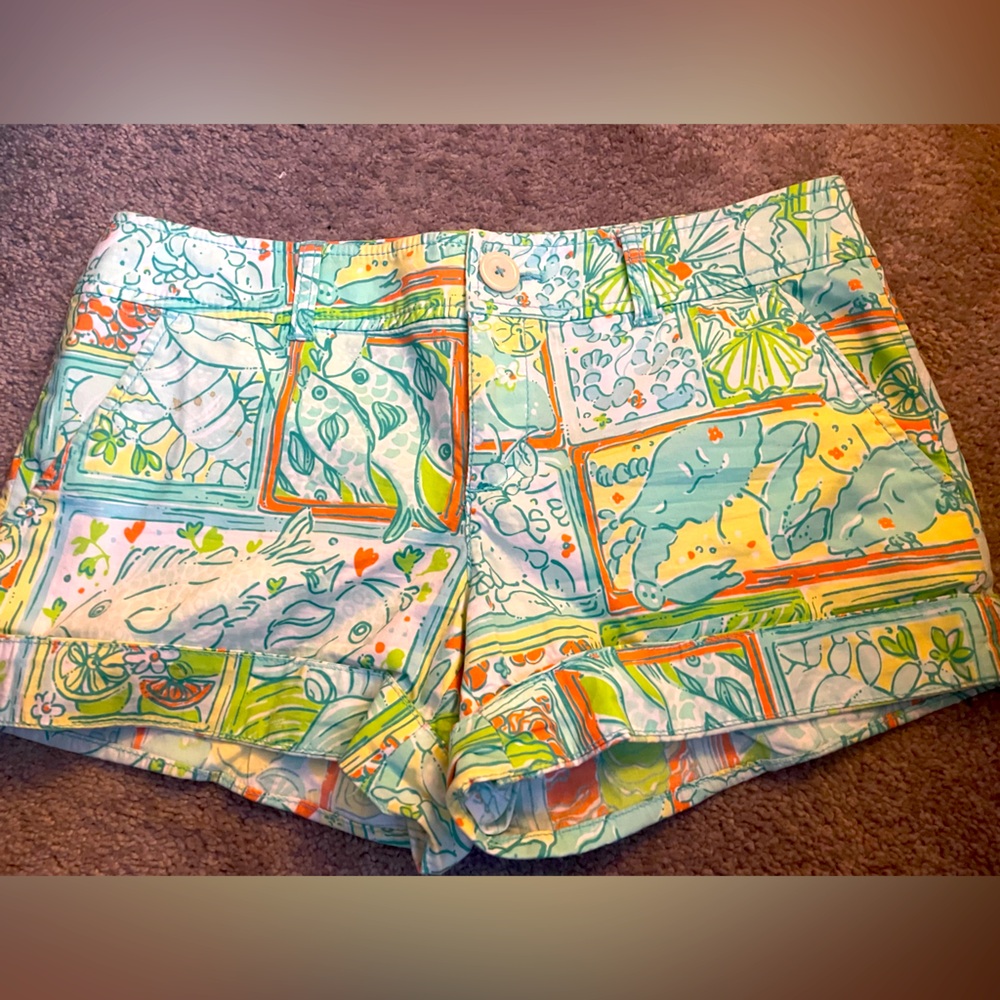 Lilly Pulitzer Green and Orange Bermuda Shorts Tropical Print